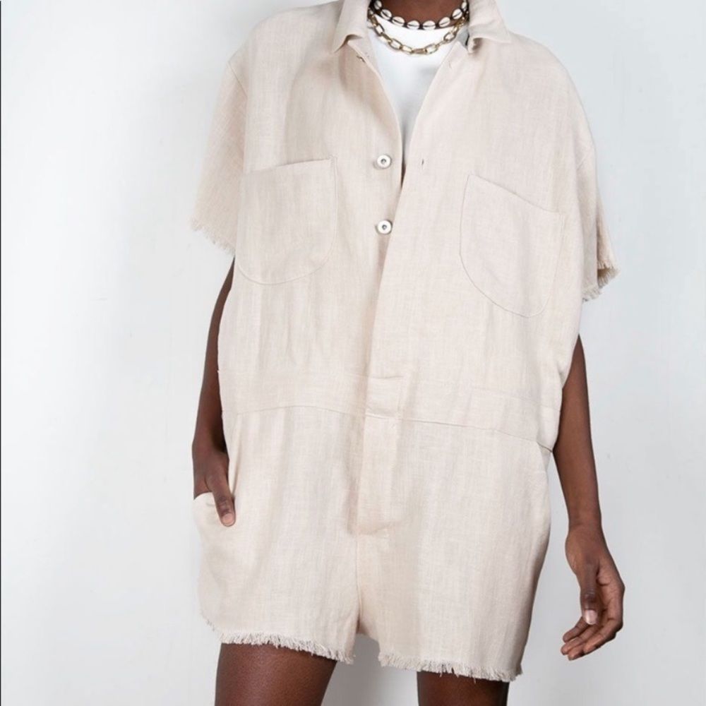 The Frankie Shop Fringe Trim Linen Romper One Szize